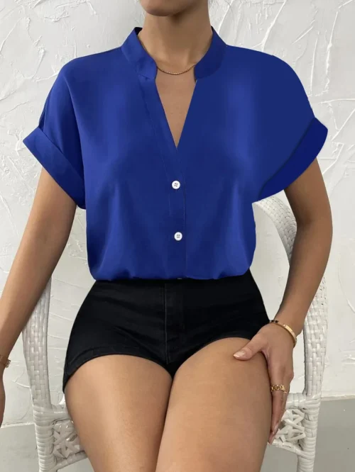 2024 verão com decote em v camisa feminina casual senhora do escritório cor sólida manga curta único breasted elegante blusa feminina femme blusas - Imagem 10