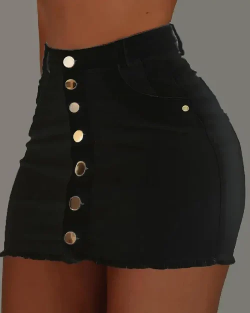 Saia sexy para mulher primavera verão 2023 botão liso voar bainha crua mini saia jeans feminina magra - Imagem 4