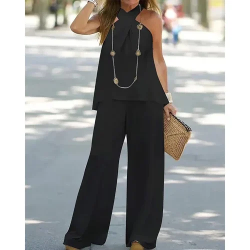 Conjunto de calças de cintura alta e top sem mangas com decote em v feminino, agasalho solto, roupas halter, moda casual, 2 peças - Imagem 14