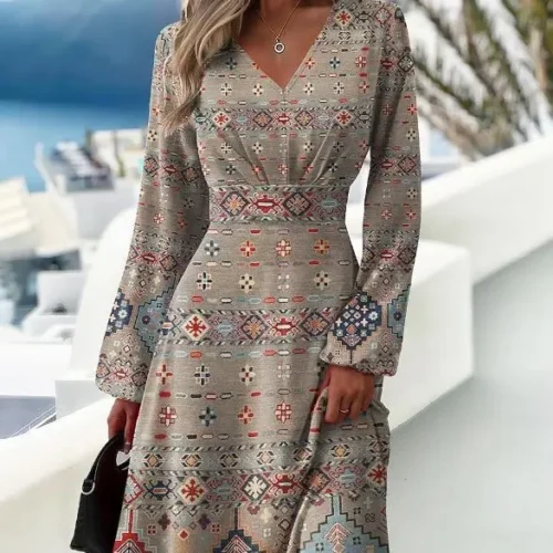 Vestido estampado slim fit feminino, mangas largas, sexy com decote em v, manga comprida, elegante, primavera, outono, novo - Imagem 7