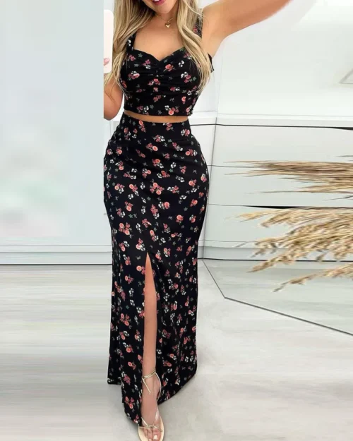 Conjunto feminino de 2 peças boho praia, saia sexy, top cropped, saia longa maxi, divisão floral estampada, cintura alta, casual, verão - Imagem 5