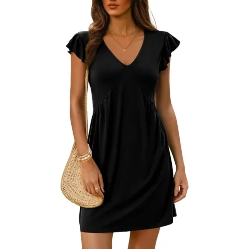 Feminino elegante manga voadora com decote em v mini vestido férias 2025 verão roupas femininas plissado vestidos de manga curta streetwear - Imagem 3