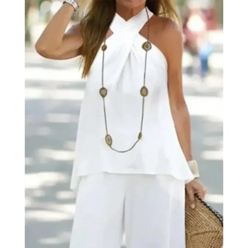Conjunto de calças de cintura alta e top sem mangas com decote em v feminino, agasalho solto, roupas halter, moda casual, 2 peças - Imagem 2