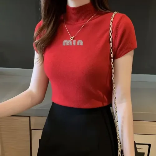 Moda mulher blusas de manga curta verão topos blusa feminina gola alta blusa de malha camisa feminina topos blusas - Imagem 3
