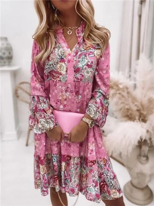Casual floral impressão vestidos para as mulheres 2024 sping verão boho v pescoço solto uma linha vestido elegante praia vestido de festa robe femme - Imagem 11
