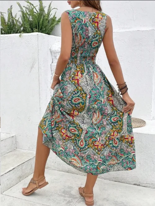 Verão boho vestidos femininos fahsion sem mangas impressão praia vestidos de festa 2024 elegante casual férias para mulher longo a linha vestido - Imagem 26