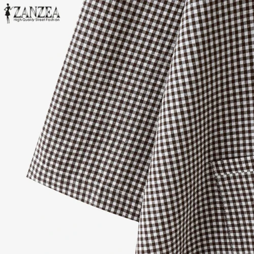 Zanzea casual solto blusa feminina verão em torno do pescoço camisa verificado impresso bolso 3/4 manga topos harajuku simples blusas - Imagem 23
