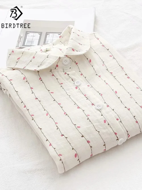 Nova Primavera Mulheres Camisas De Algodão De Camada Dupla Manga Completa Floral Solta Casual Blusa Macia Senhora Do Escritório Desgaste Do Trabalho Tops T34502X