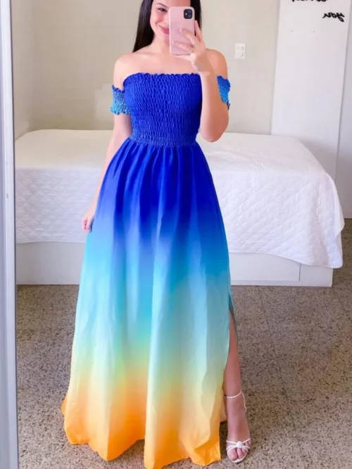 Elegante feminino fora do ombro midi vestido 2024 verão moda vestidos de cintura alta flor impressão manga curta vestidos robe roupas - Imagem 2