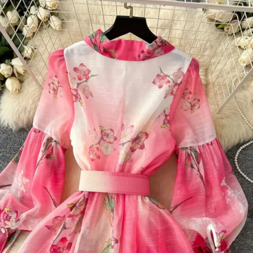 Palácio floral maxi vestido feminino verão férias vestidos longos camisa 2025 primavera manga cheia único breasted pérolas festa vestidos - Imagem 22