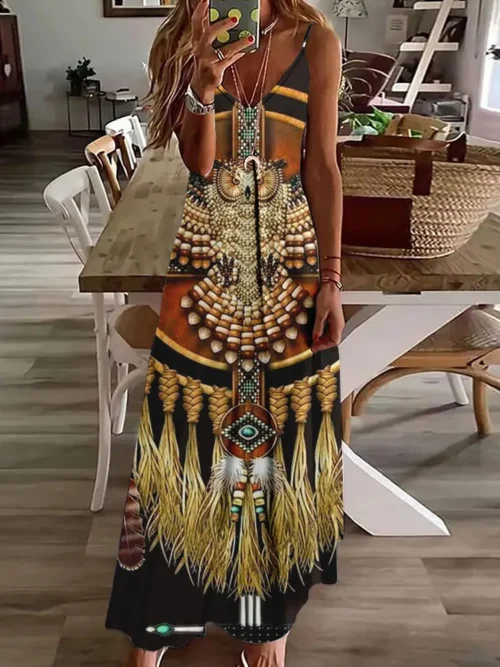 2024 novo vestido de estampa vintage de coruja 3D, sem mangas, longo, feminino, padrão tribal, pulseira de espaguete, verão, vestido longo e solto - Imagem 3