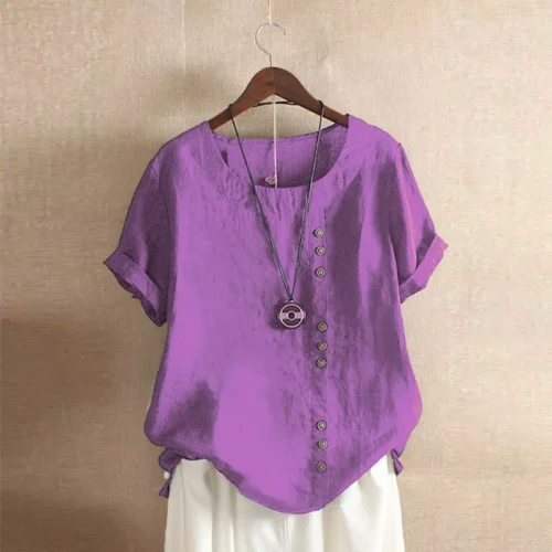 Top feminino de algodão e linho verão casual solto botão manga curta cor sólida pulôver blusa femme blusas - Imagem 24