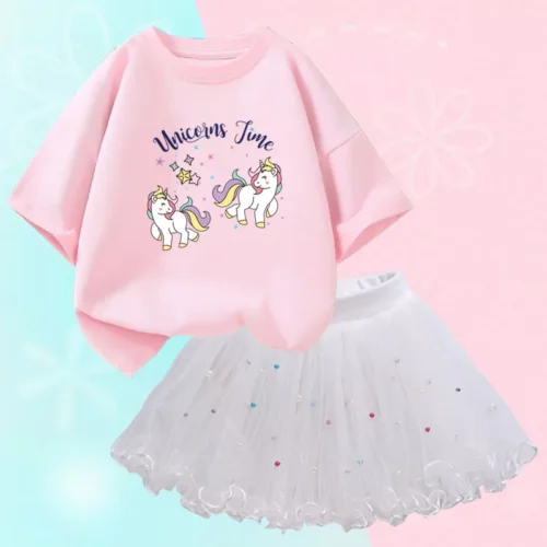 Conjunto de duas peças feminino, saia de malha tutu e camiseta, roupa de festa infantil, bonita coreana, moda verão, 3-14 anos - Imagem 23