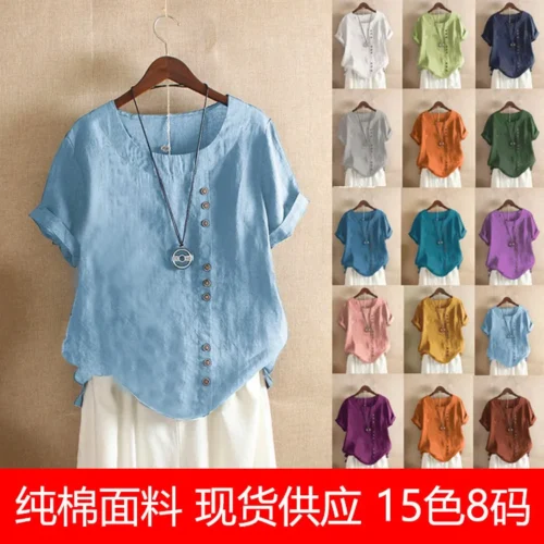 Top feminino de algodão e linho verão casual solto botão manga curta cor sólida pulôver blusa femme blusas - Imagem 18