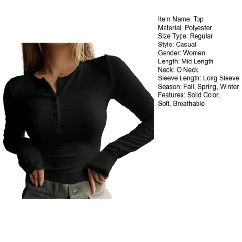 Mulheres outono primavera topo o pescoço botão manga longa fino ajuste pulôver macio respirável elástico estilo simples blusa feminina - Imagem 16
