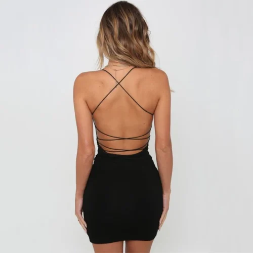 Sexy preto verão roupas femininas cor sólida sem costas cintas de espaguete boate vestido bodycon festa à noite baixo pescoço mini vestido - Imagem 17