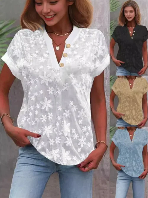 Verão casual camisa com decote em v blusa feminina moda branco jacquard camisas de manga curta feminina 2024 escritório senhoras blusa elegante topos - Imagem 2