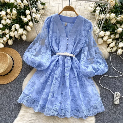Francês doce decote em v lanterna manga mini vestido de verão feminino bordado flor malha retalhos cinto casual praia a linha festa robes - Imagem 10