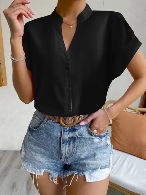 2024 verão com decote em v camisa feminina casual senhora do escritório cor sólida manga curta único breasted elegante blusa feminina femme blusas - Imagem 5