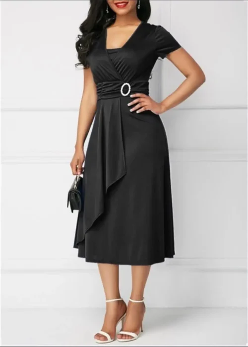 Vestidos de verão elegantes femininos cor sólida manga curta com decote em v assimétrico bainha cintura apertada midi vestido de festa senhoras vestidos de noite - Imagem 17