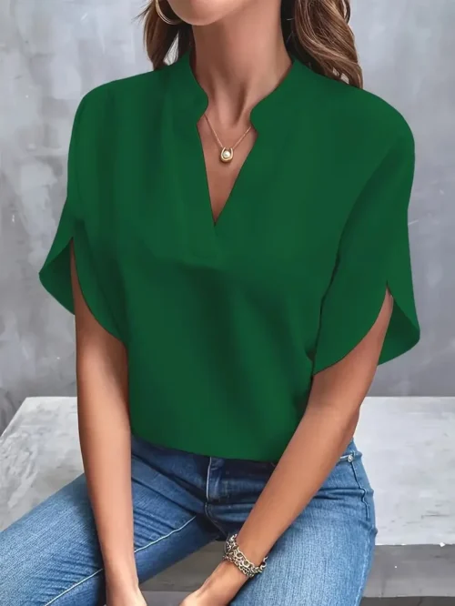 Verão elegante blusa feminina novo decote em v manga curta cor sólida camisa solta casual branco topos senhora do escritório blusas - Imagem 5