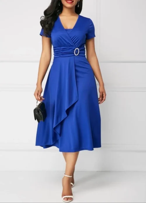 Vestidos de verão elegantes femininos cor sólida manga curta com decote em v assimétrico bainha cintura apertada midi vestido de festa senhoras vestidos de noite - Imagem 20