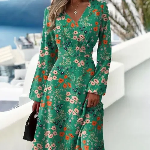 Vestido estampado slim fit feminino, mangas largas, sexy com decote em v, manga comprida, elegante, primavera, outono, novo - Imagem 9