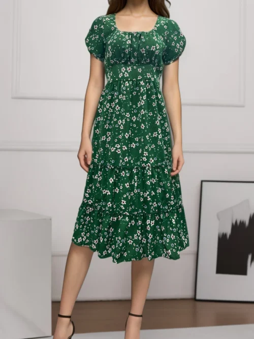 Verão feminino praia doce vestidos vintage impressão puff manga casual gola quadrada floral feminino maxi vestido longo - Imagem 9