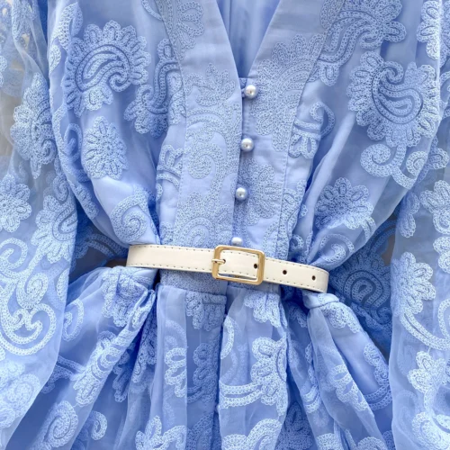 Francês doce decote em v lanterna manga mini vestido de verão feminino bordado flor malha retalhos cinto casual praia a linha festa robes - Imagem 20