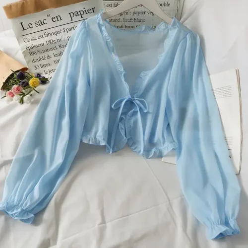 Manga longa fina respirável camisetas femininas laço arco cardigan blusa roupas babados proteção solar outwear blusa para capas - Imagem 4
