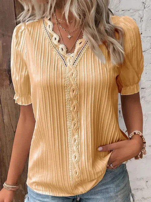 Verão feminino novo topo 2024 sólido sexy com decote em v oco camisa de manga curta moda splice plus size blusa solta vestuário rua - Imagem 26