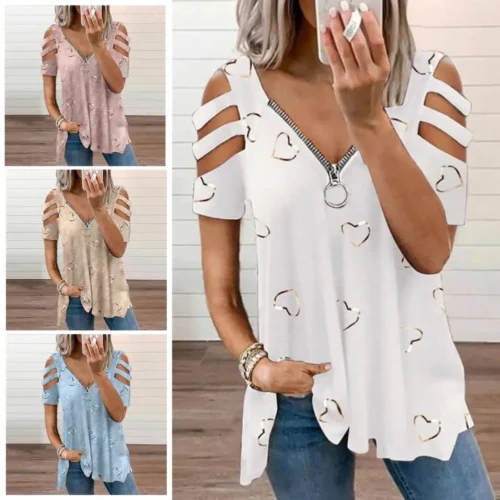 Mulheres verão topo com decote em v baixo corte oco para fora manga curta camiseta combinar calças soltas plus size blusa feminina roupas femininas - Imagem 4