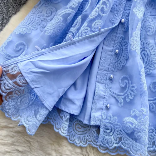 Francês doce decote em v lanterna manga mini vestido de verão feminino bordado flor malha retalhos cinto casual praia a linha festa robes - Imagem 18