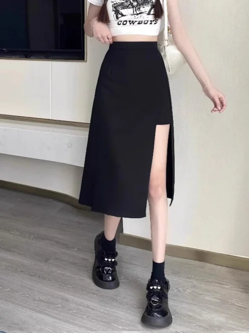 Saia preta de fenda irregular de cintura alta feminina, verão, comprimento médio, linha A, Harajuku, vintage, roupas femininas, novo, 2023 - Imagem 2