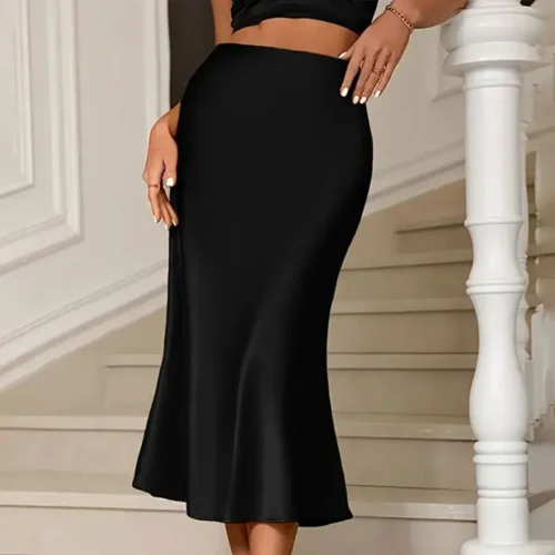 Y. KUKU saia midi feminina novo cetim brilhante saias de cintura alta marca casual moda vintage verão chique feminino faldas saia - Imagem 15