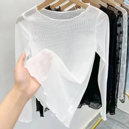 Gelo gaze inferior blusa feminina verão transparente protetor solar areia camiseta de mangas compridas perspectiva pele casaco de renda topo - Imagem 2