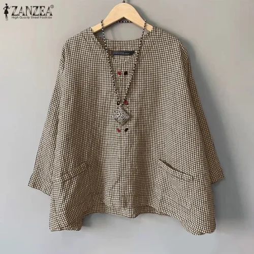 Zanzea casual solto blusa feminina verão em torno do pescoço camisa verificado impresso bolso 3/4 manga topos harajuku simples blusas - Imagem 14