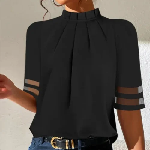 Blusa feminina de manga curta, blusa casual de escritório preta para senhoras, camisa da moda, verão - Imagem 8