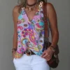 2024 verão com decote em v fivela de metal impresso regata para mulheres solta sem mangas pulôver blusa femme blusas femininas - cashew flower, S