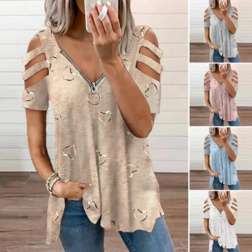 Mulheres verão topo com decote em v baixo corte oco para fora manga curta camiseta combinar calças soltas plus size blusa feminina roupas femininas - Imagem 2