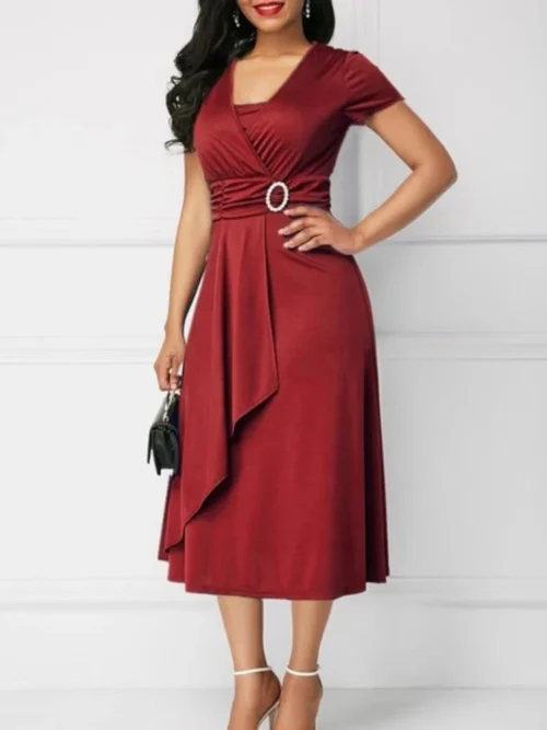 Vestidos de verão elegantes femininos cor sólida manga curta com decote em v assimétrico bainha cintura apertada midi vestido de festa senhoras vestidos de noite - Imagem 5
