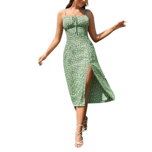 Vestido floral sem mangas feminino com fenda alta, cinta de espaguete estampa de flores, roupas femininas, verão, 2022 - Imagem 4