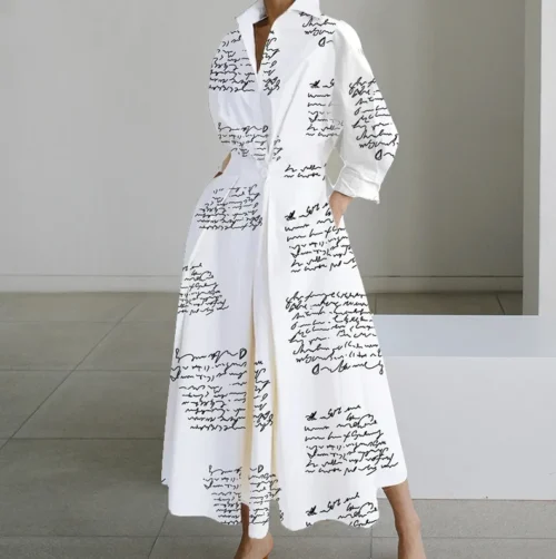 Vestido de outono manga longa dot print elegante maxi vestidos para as mulheres 2024 branco casual com decote em v camisa festa vestido longo robe femme - Imagem 20