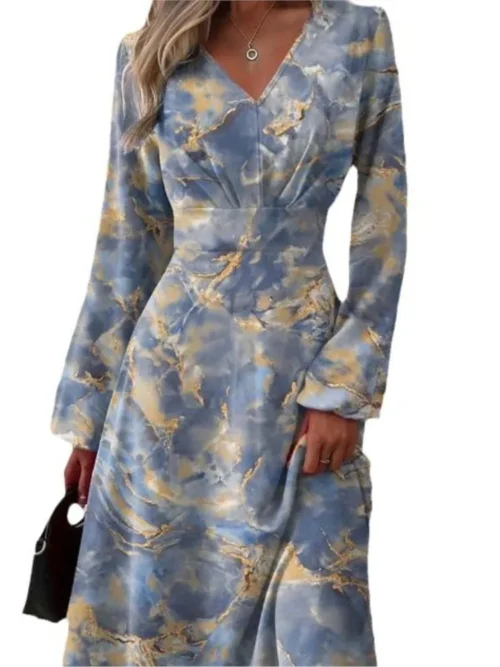 Vestido estampado slim fit feminino, mangas largas, sexy com decote em v, manga comprida, elegante, primavera, outono, novo - Imagem 5