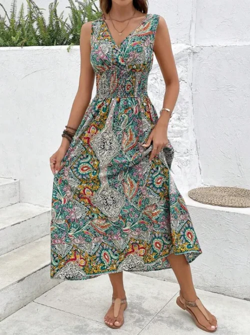 Verão boho vestidos femininos fahsion sem mangas impressão praia vestidos de festa 2024 elegante casual férias para mulher longo a linha vestido - Imagem 25