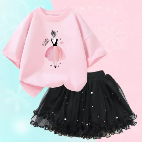 Conjunto de duas peças feminino, saia de malha tutu e camiseta, roupa de festa infantil, bonita coreana, moda verão, 3-14 anos - Imagem 6