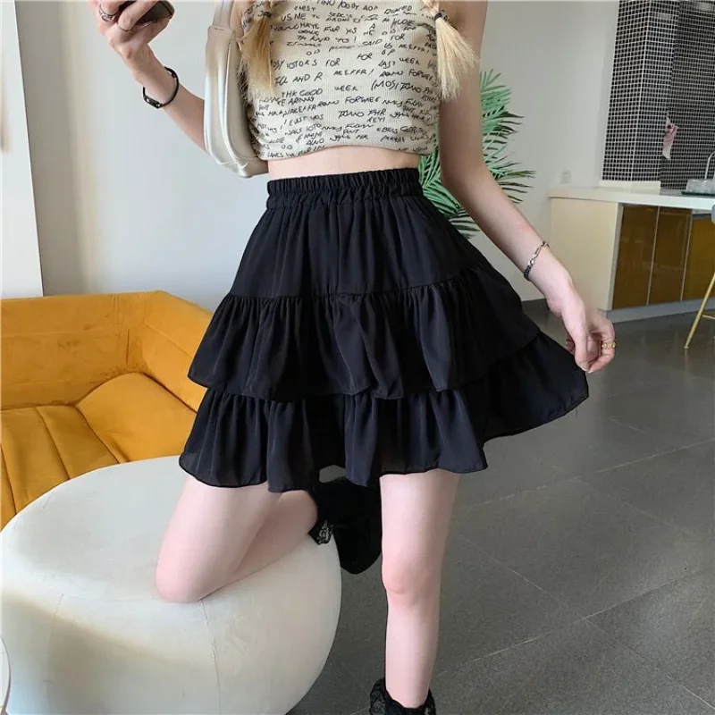Mini saia de babados brancos para mulheres, cintura elástica, linha A, solta, estilo preppy, fofa, curta, plissada, moda coreana, kawaii