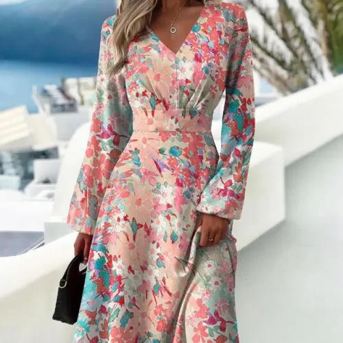 Vestido estampado slim fit feminino, mangas largas, sexy com decote em v, manga comprida, elegante, primavera, outono, novo - Imagem 6