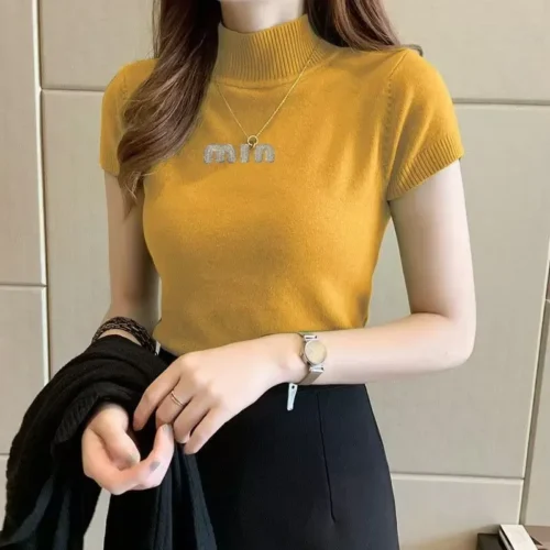 Moda mulher blusas de manga curta verão topos blusa feminina gola alta blusa de malha camisa feminina topos blusas - Imagem 8