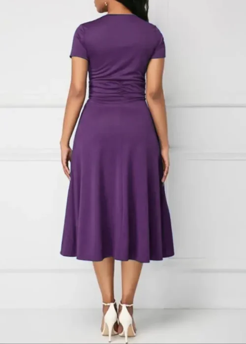 Vestidos de verão elegantes femininos cor sólida manga curta com decote em v assimétrico bainha cintura apertada midi vestido de festa senhoras vestidos de noite - Imagem 15